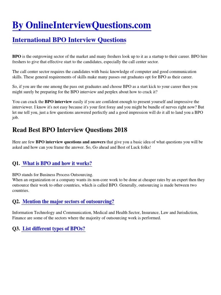 Bpo Interview Questions PDF Outsourcing Call Centre