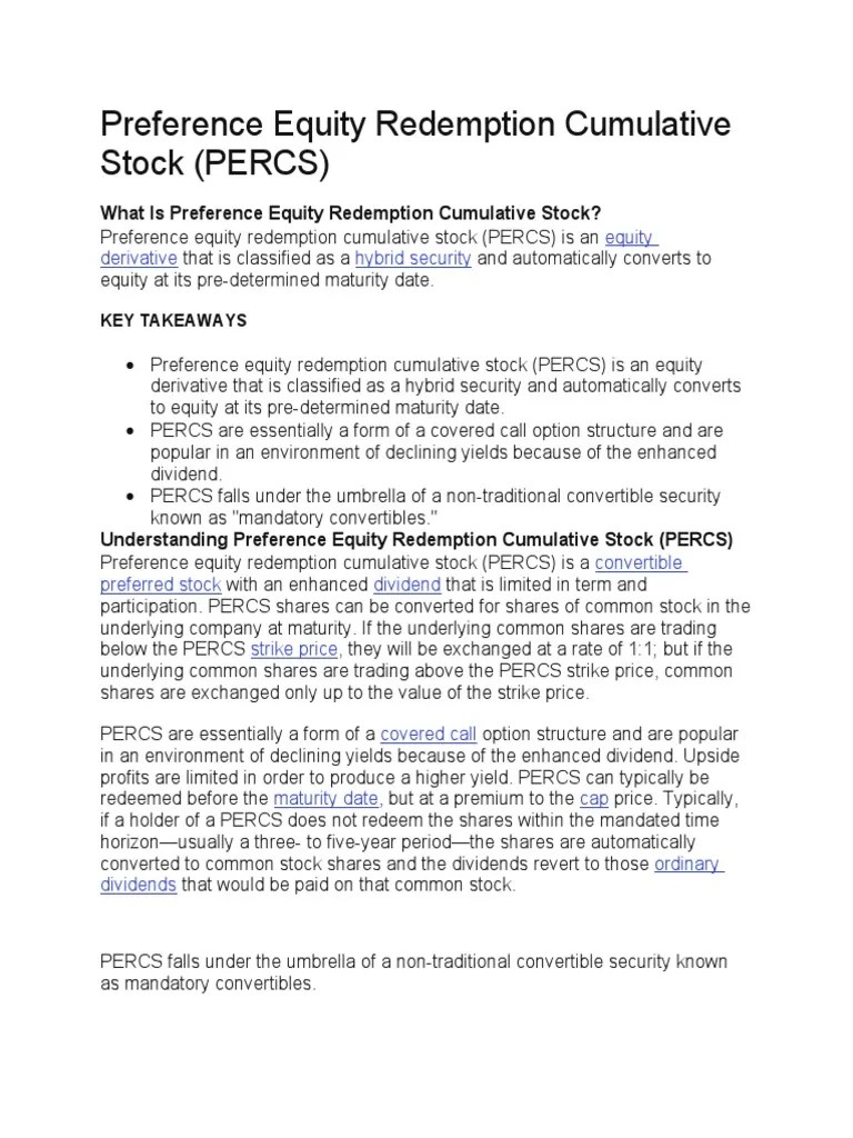 Preference Equity Redemption Cumulative Stock PDF Stocks Yield