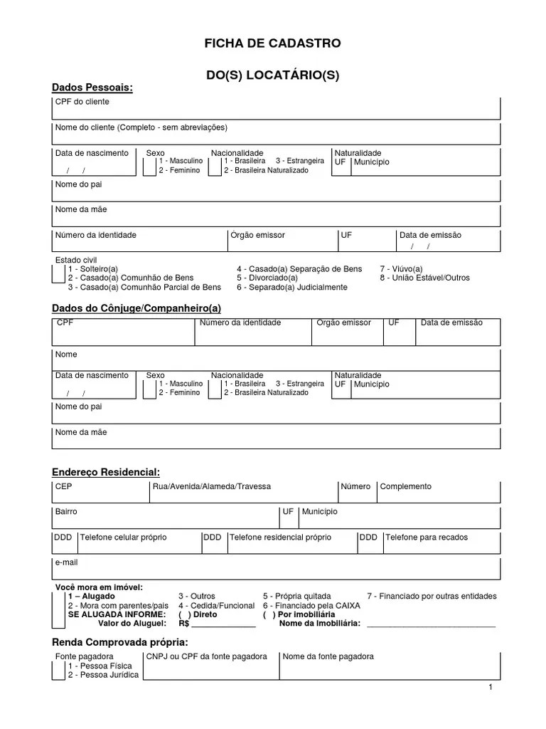Ficha Cadastro Locatário e Fiador PDF União estável