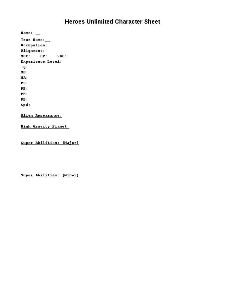 Alien Heroes Unlimited Character Sheet PDF