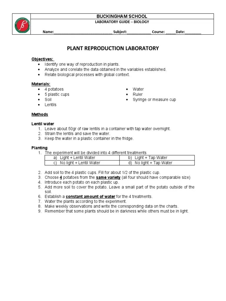 Plant Reproduction LAB JJO PDF Experiment Water