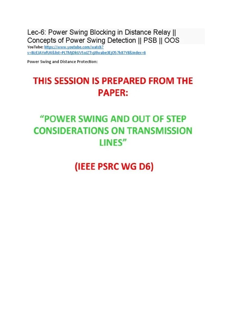 Lec6 Power Swing Blocking in Distance Relay Concepts of Power Swing