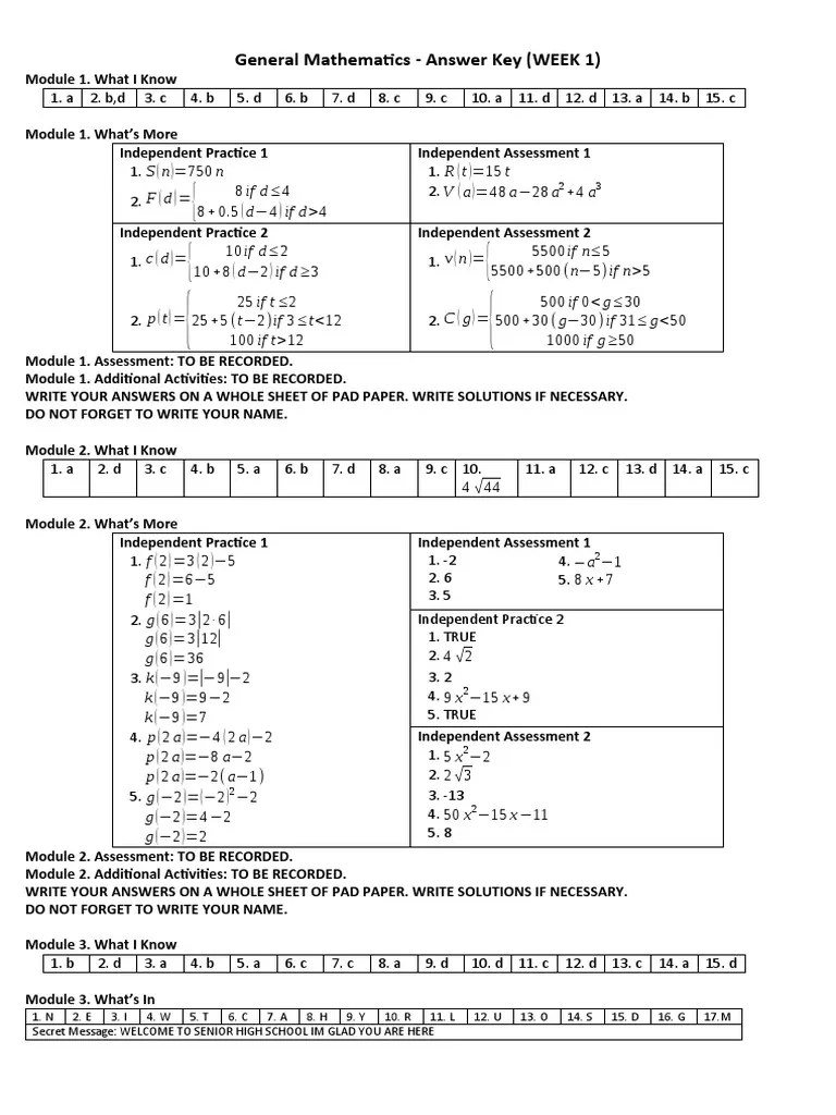 General Mathematics - Answer Key (WEEK 1) : S (N) 750 N R (T) 15 T F (D