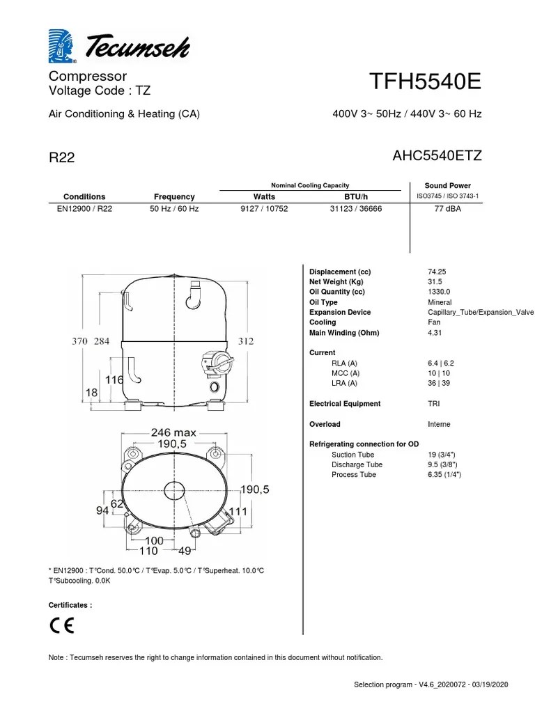 Technical Specifications Tecumseh Compressor 3hp R22 MHBP TFH5540E TUBE