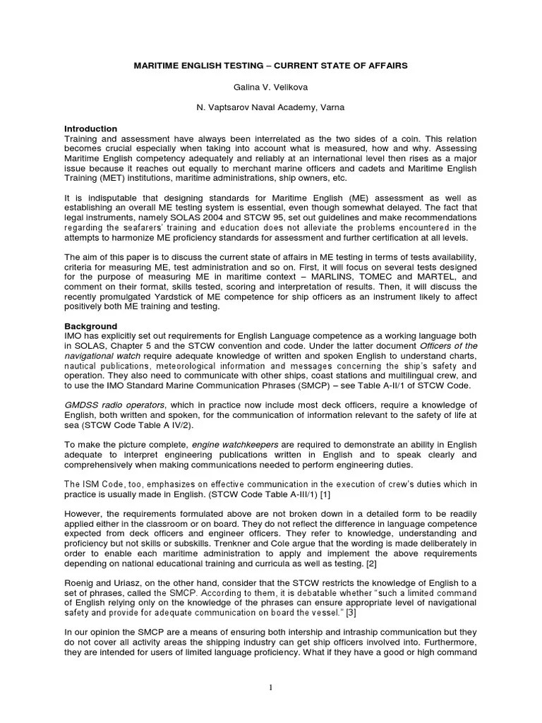 Maritime English Testing Current State of Affairs PDF Reading
