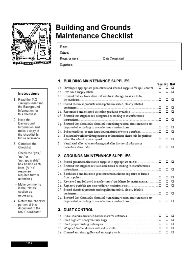 Building and Grounds Maintenance Checklist PDF Toilet Building
