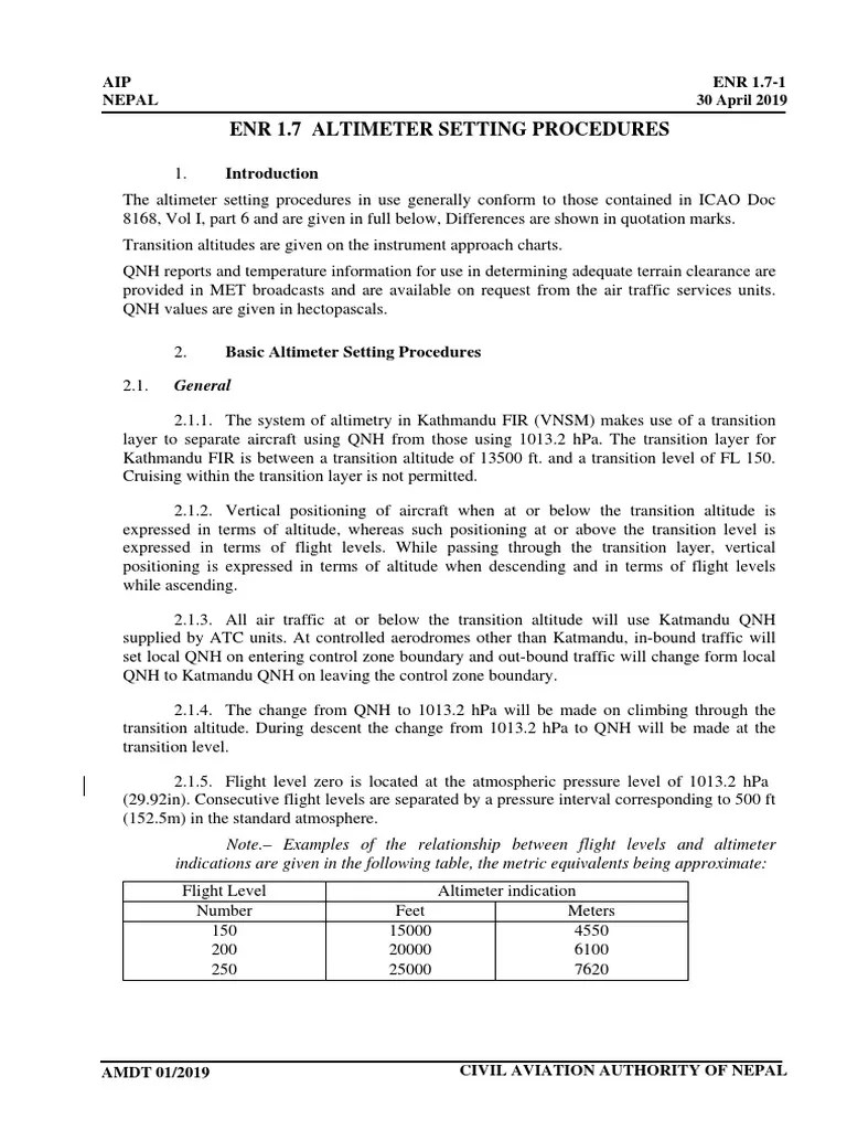 Enr 1.7 Altimeter Setting Procedures General PDF Aircraft
