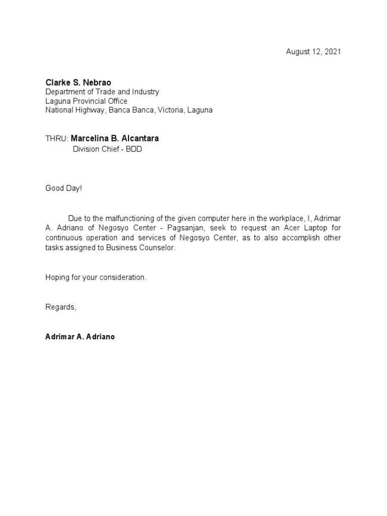 Letter Request For Laptop PDF