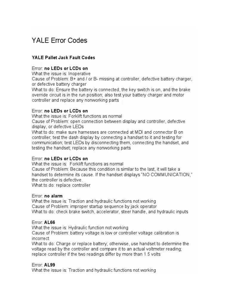 YALE Error Codes PDF Electric Motor Electrical Resistance And Conductance
