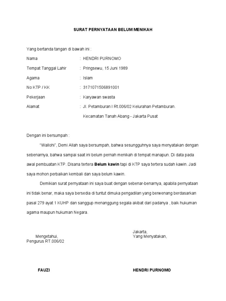 Surat Pernyataan Belum Menikah