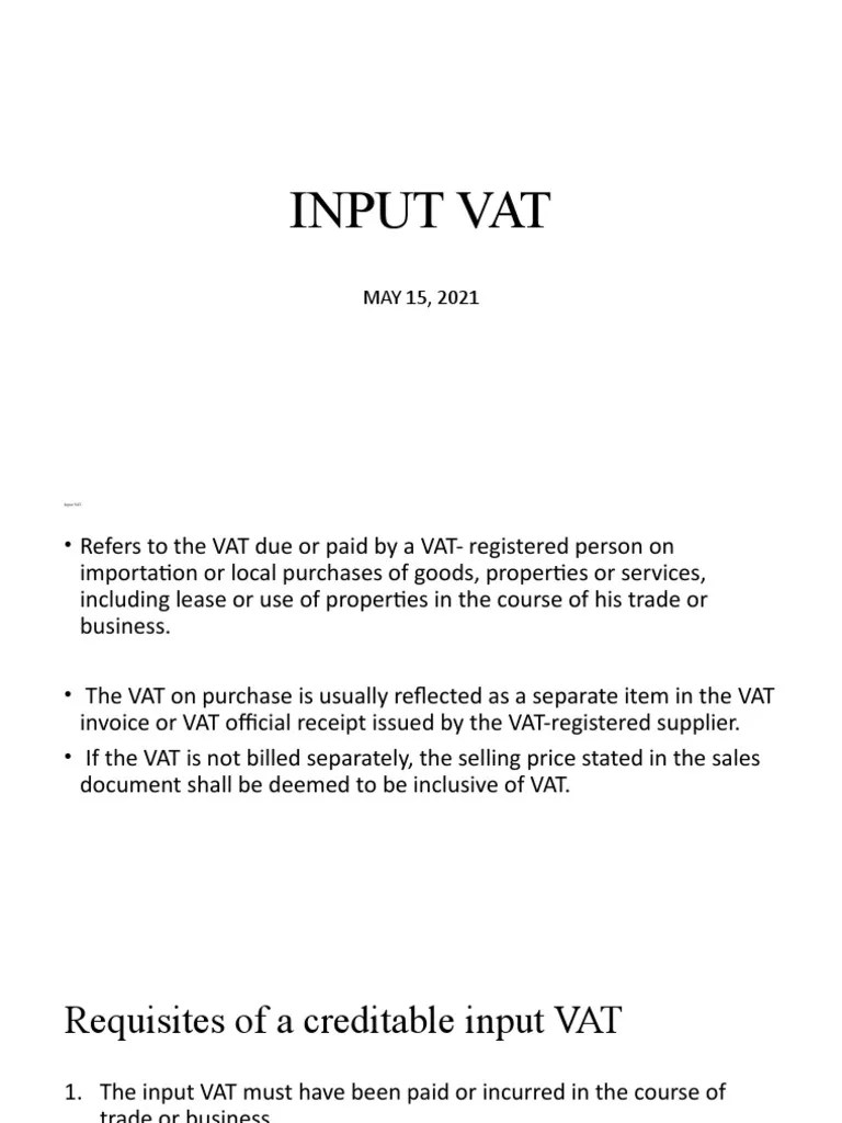 Understanding Input VAT Calculating Creditable VAT, Presumptive Rates