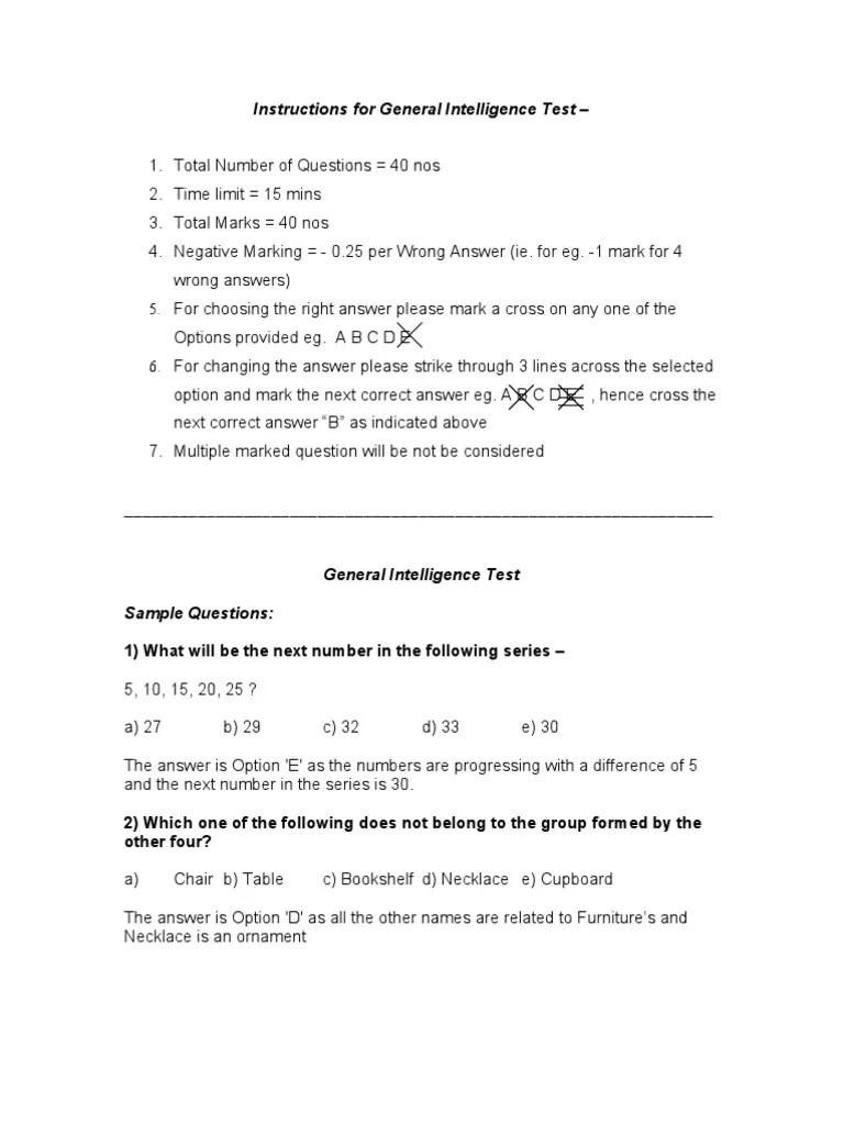 Sample General Intelligence Test