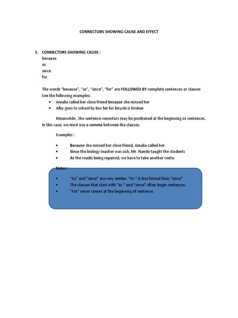 Connectors Showing Cause and Effect PDF Sentence (Linguistics
