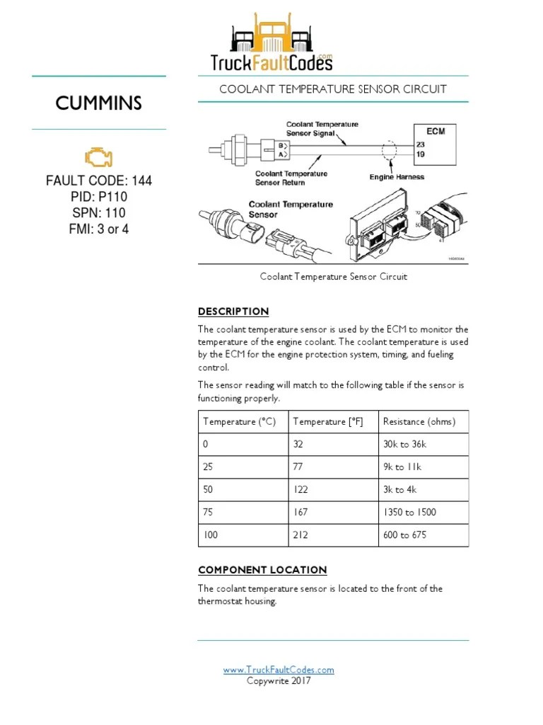 Cummins Fault Code 144 PID P110 SPN 110 FMI 3 or 4 PDF Switch