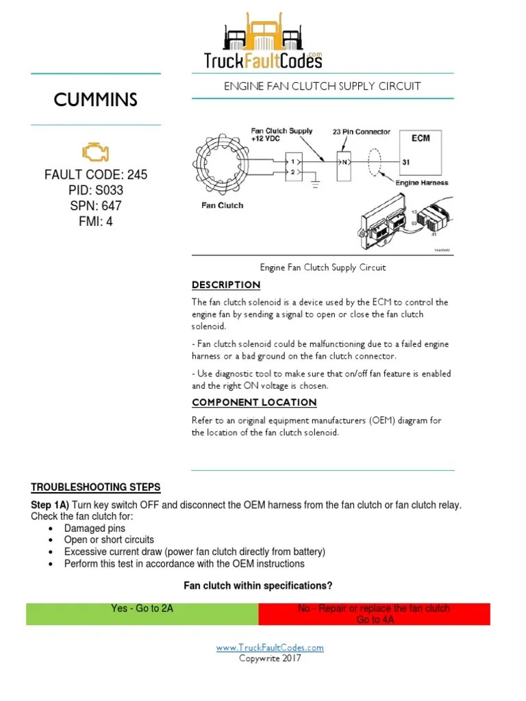 Cummins Fault Code 245 PID S033 SPN 647 FMI 4 PDF Relay Switch