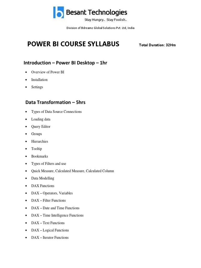 Power BI Course Syllabus by Murali P N, Besant Technologies PDF