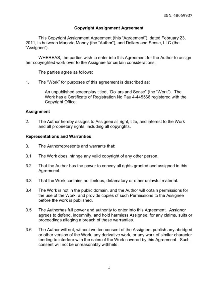 Copyright Assignment Agreement Assignment (Law) Copyright