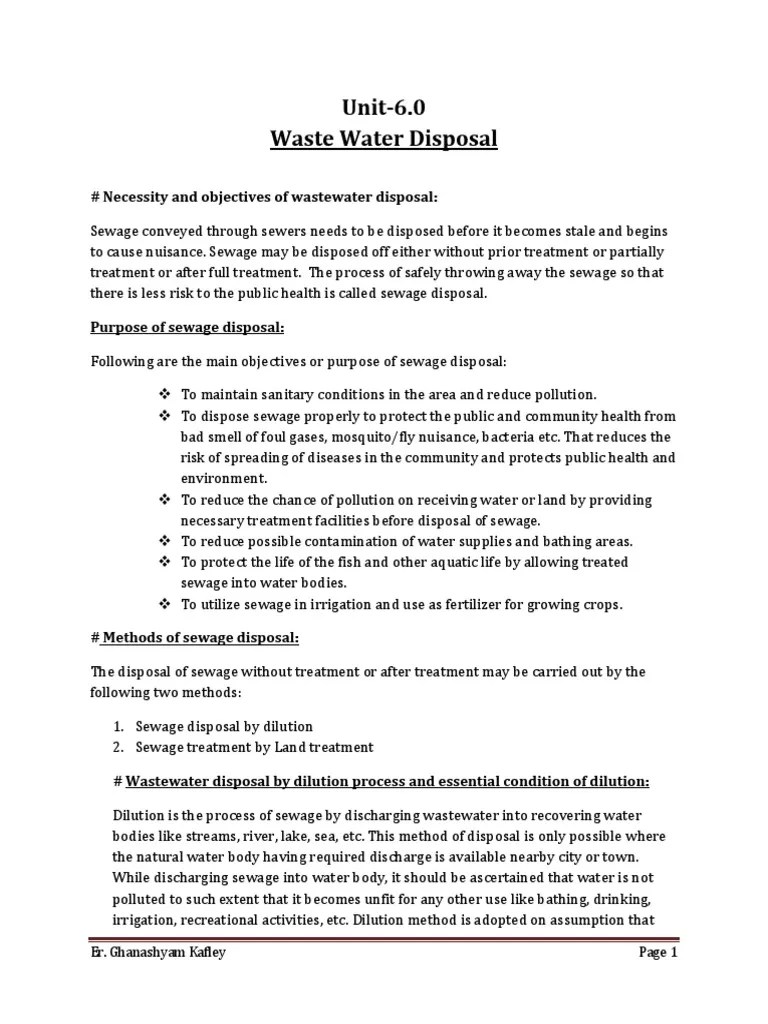 Unit6.0 Waste Water Disposal Necessity and Objectives of Wastewater Disposal PDF Sewage