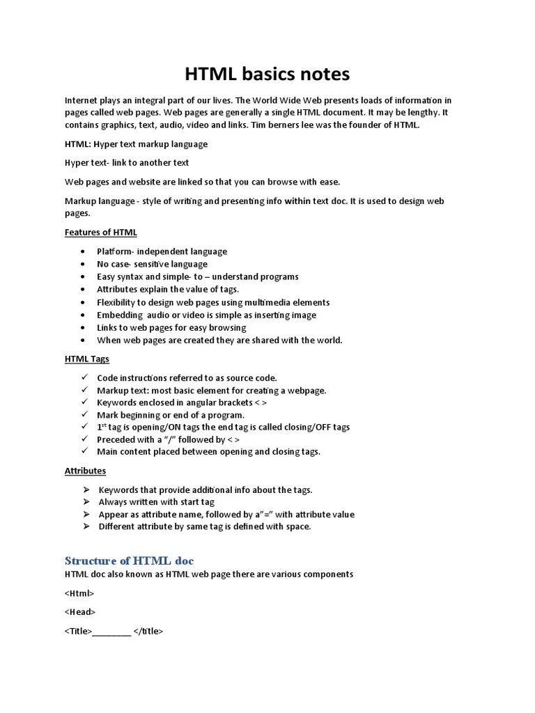 HTML Basics Notes PDF Html Element Html