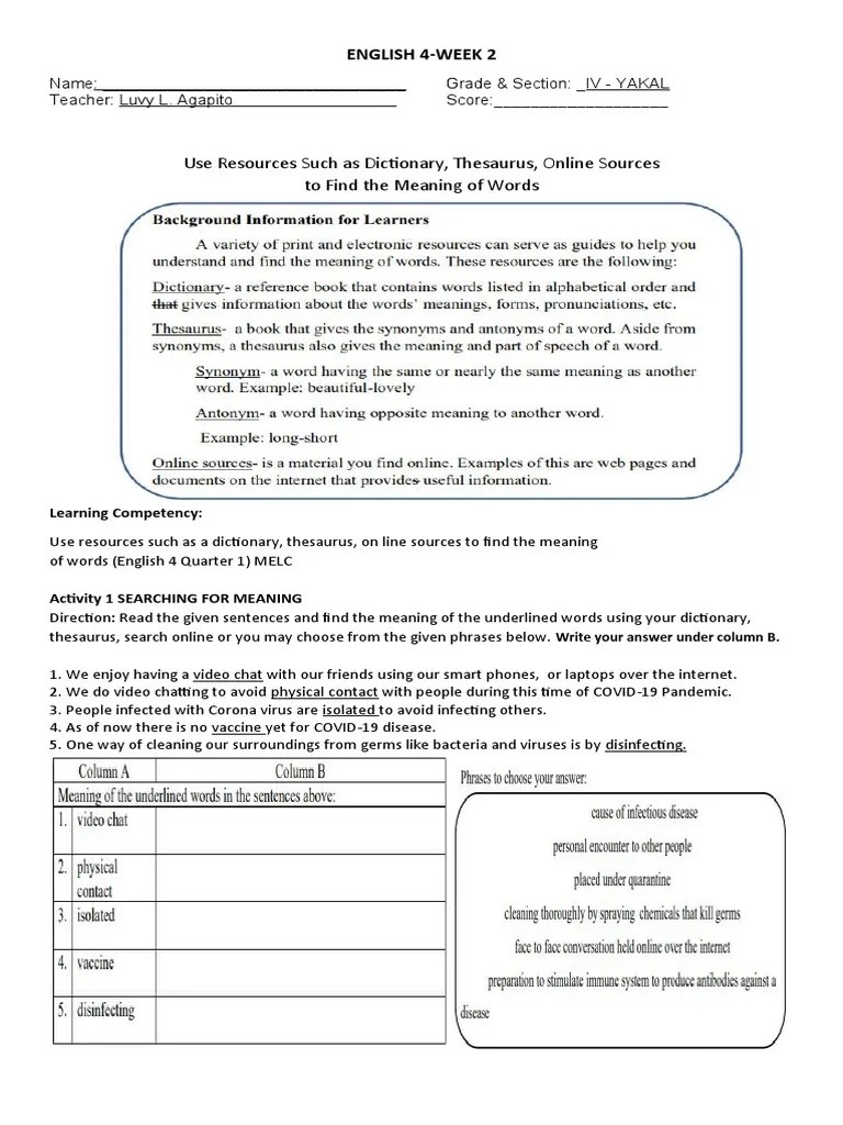 Use Resources Such As Dictionary, Thesaurus, Online Sources To Find The