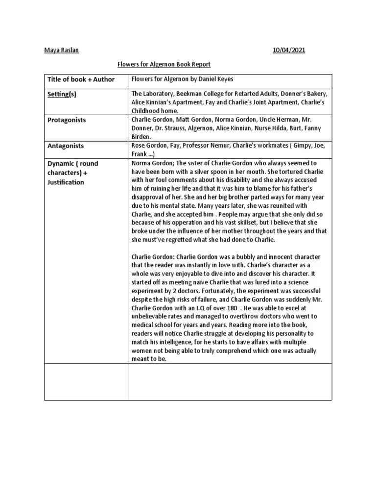 Flower's For Algernon Book Report PDF