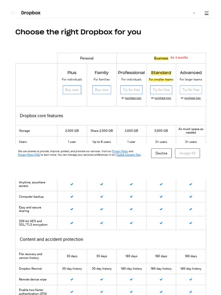 Compare All Dropbox Plans Dropbox PDF Http Cookie Cyberspace