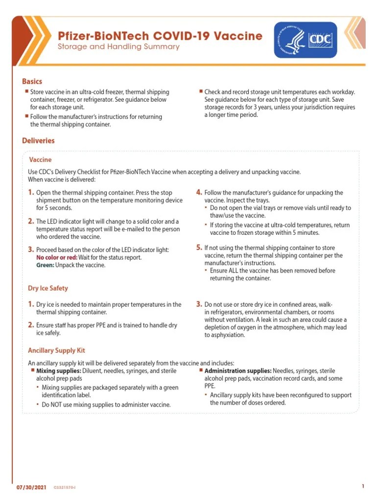 Pfizer Storage Summary PDF Refrigerator
