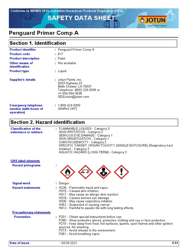 Safety Data Sheet Penguard Primer Comp A PDF Firefighting