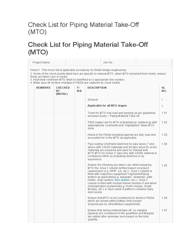 Check List For Piping Material TakeOff (MTO) PDF Pipe (Fluid Conveyance) Chemical Engineering