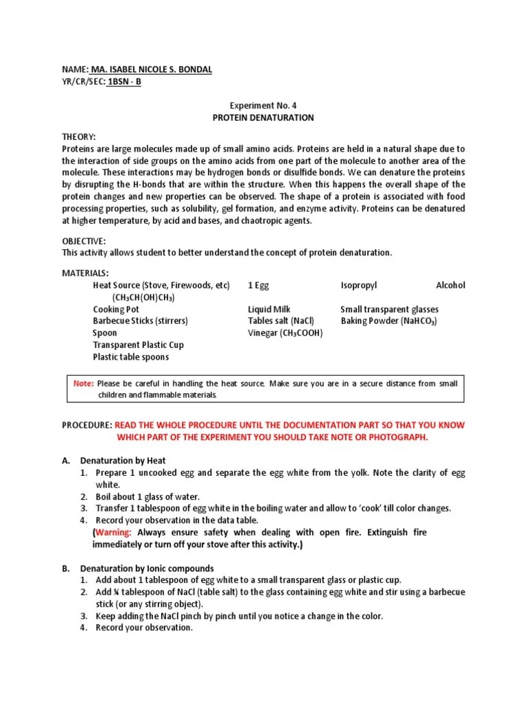 Protein Denaturation Experiment PDF Denaturation (Biochemistry