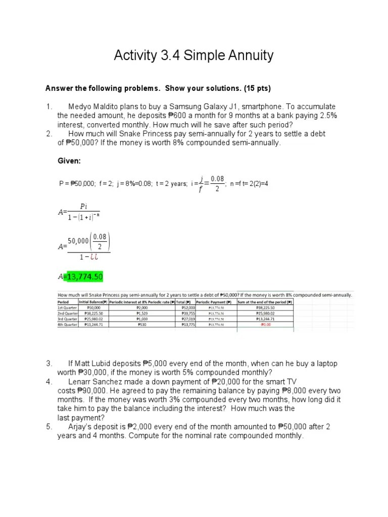 Activity 3.4 Simple Annuity Answer The Following Problems. Show Your