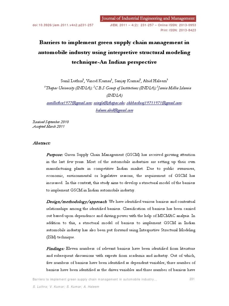 Barriers To Implement Green Supply Chain Management in Automobile