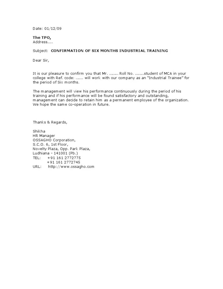 Trainee Confirmation Letter