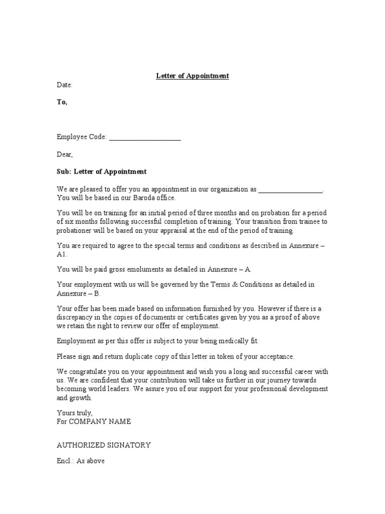 Appointment Letter With Bond Blank 110 Employment Intellectual