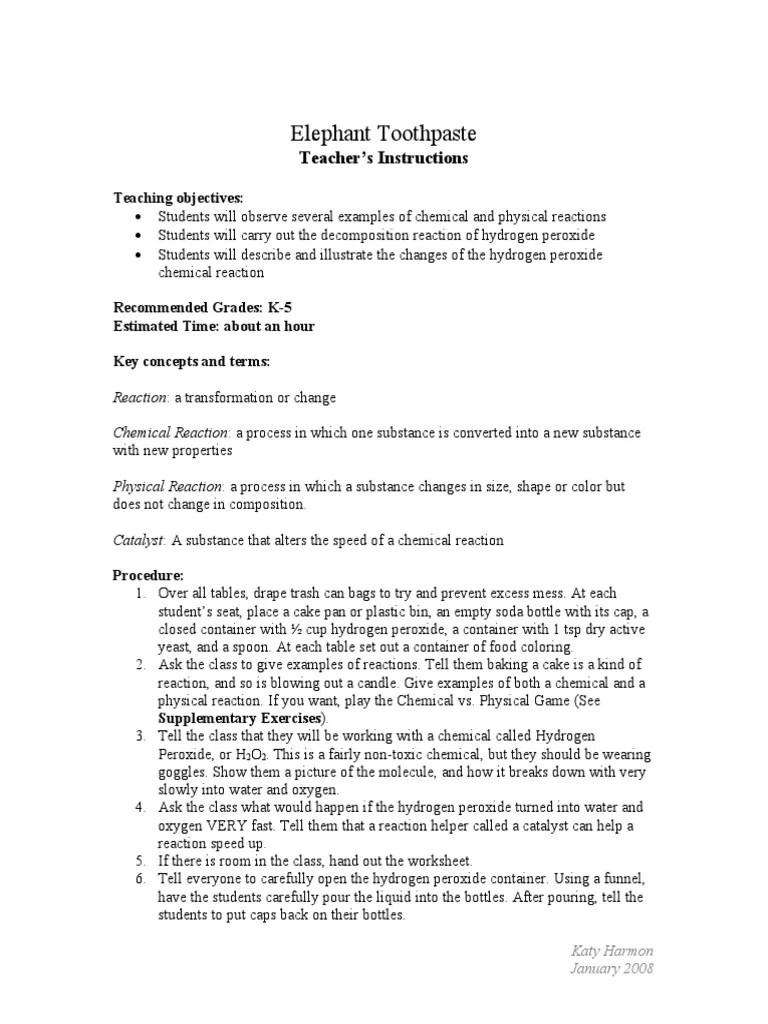 Elephant Toothpaste Teacher's Instructions PDF Hydrogen Peroxide