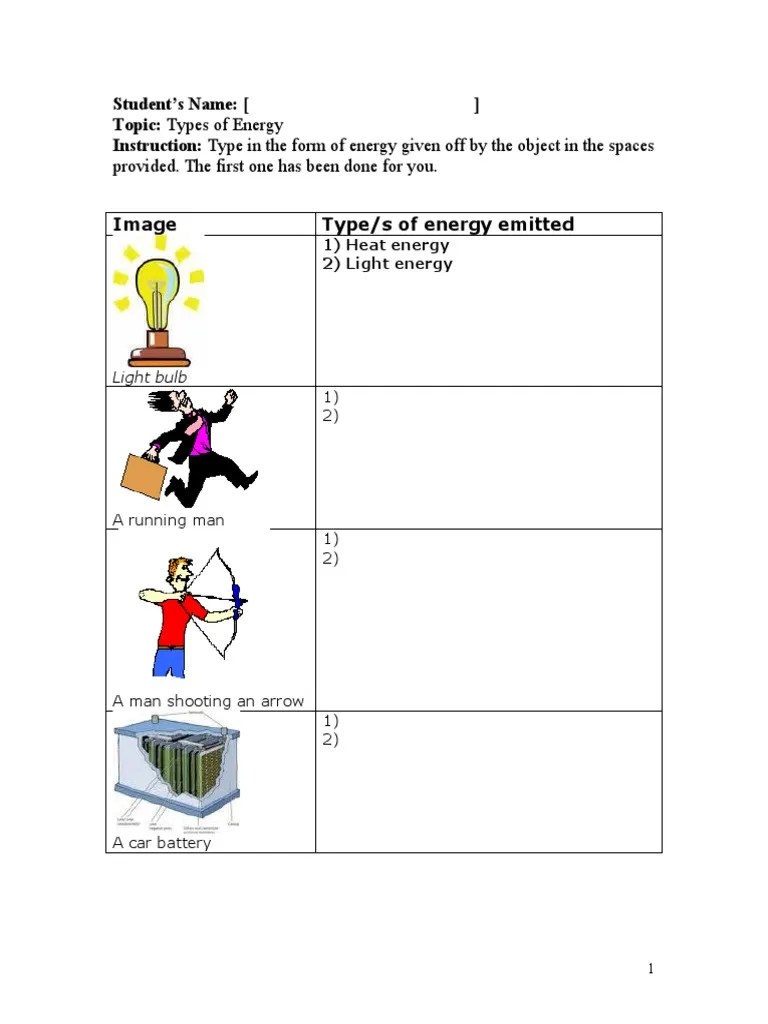 Worksheet 1 Forms of Energy PDF