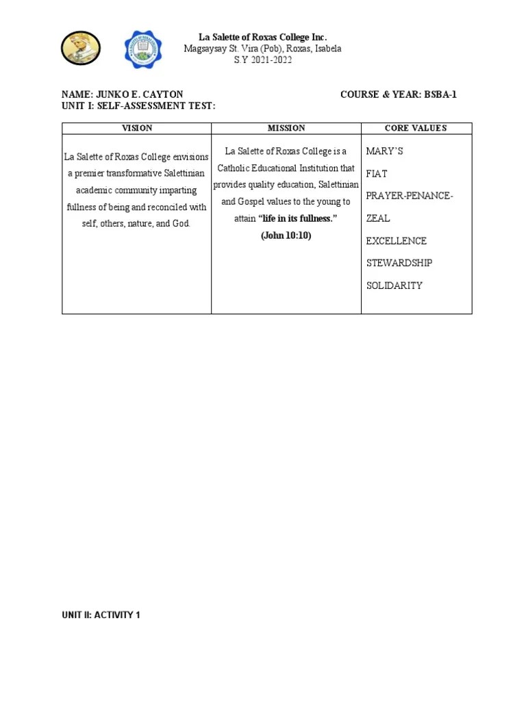 La Salette of Roxas College Inc. Vision Mission Core Values PDF
