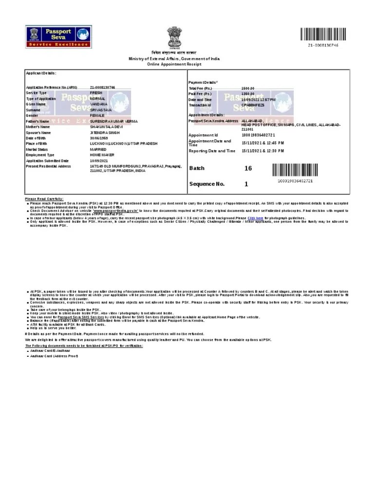 Online Appointment Receipt for Passport Application Submission with