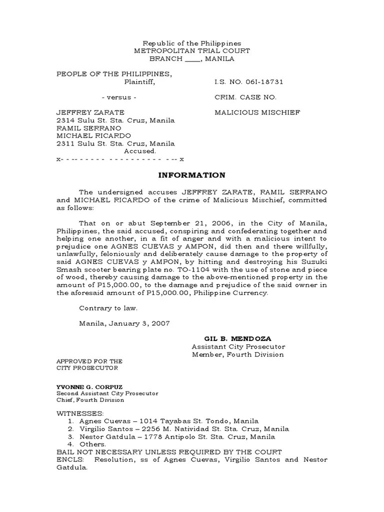 Malicious MISCHIEF Complaint Download Free PDF Prosecutor Bail