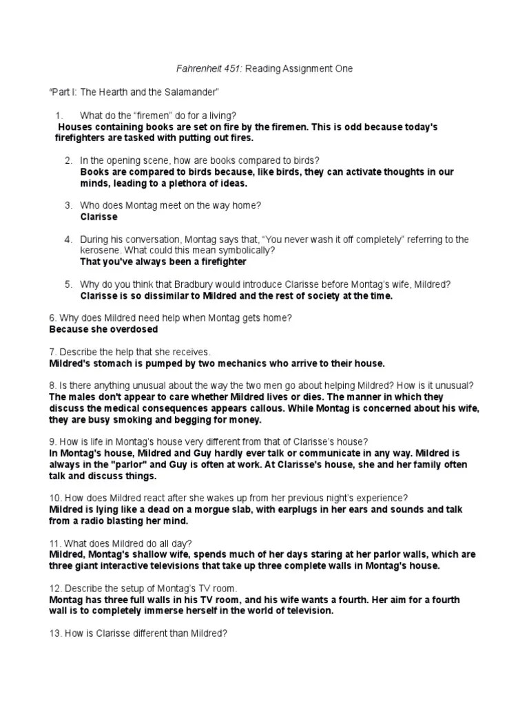 Fahrenheit 451 Reading Assignment One "Part I The Hearth and The