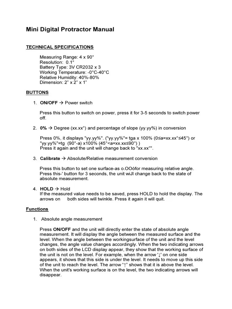 Mini Digital Protractor Manual PDF Angle Metrology