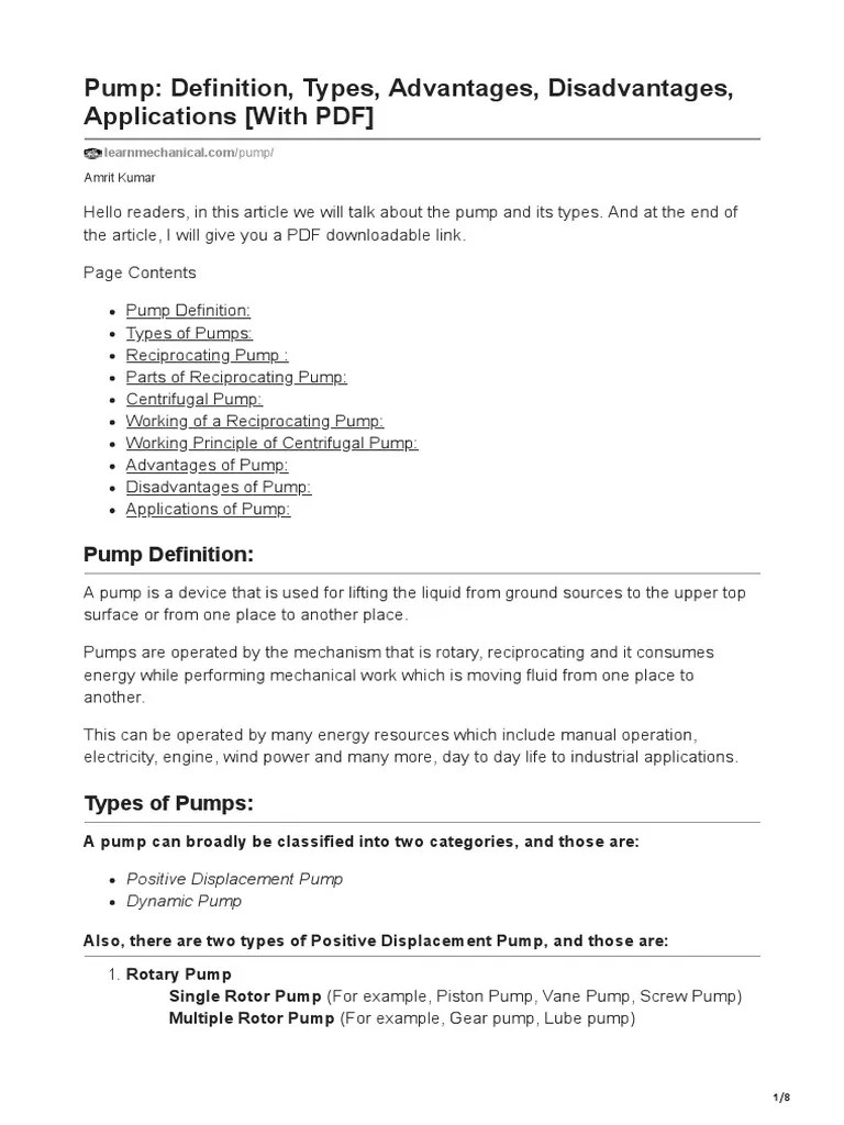 Pump Definition Types Advantages Disadvantages Applications With PDF