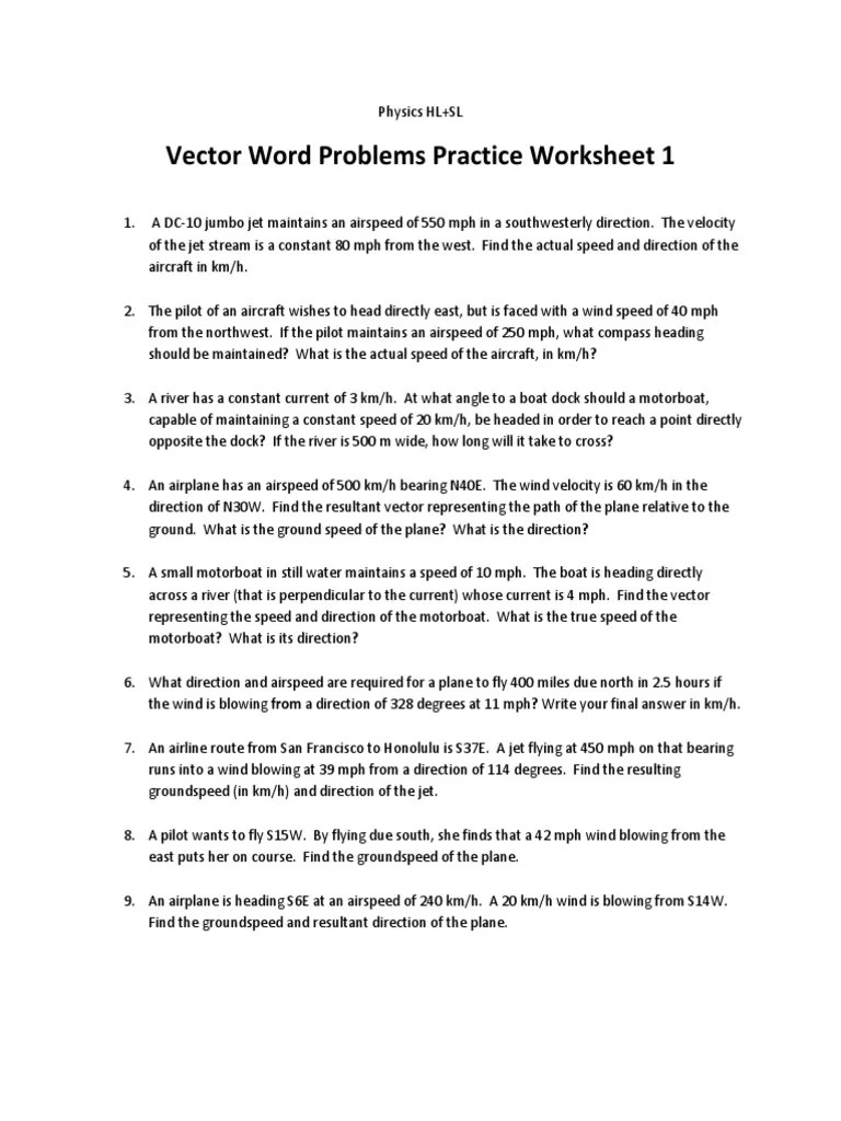 Vector Word Problems Practice Worksheet PDF