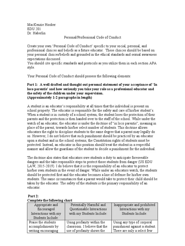 Personal Code of Conduct Revised PDF Teachers Justice