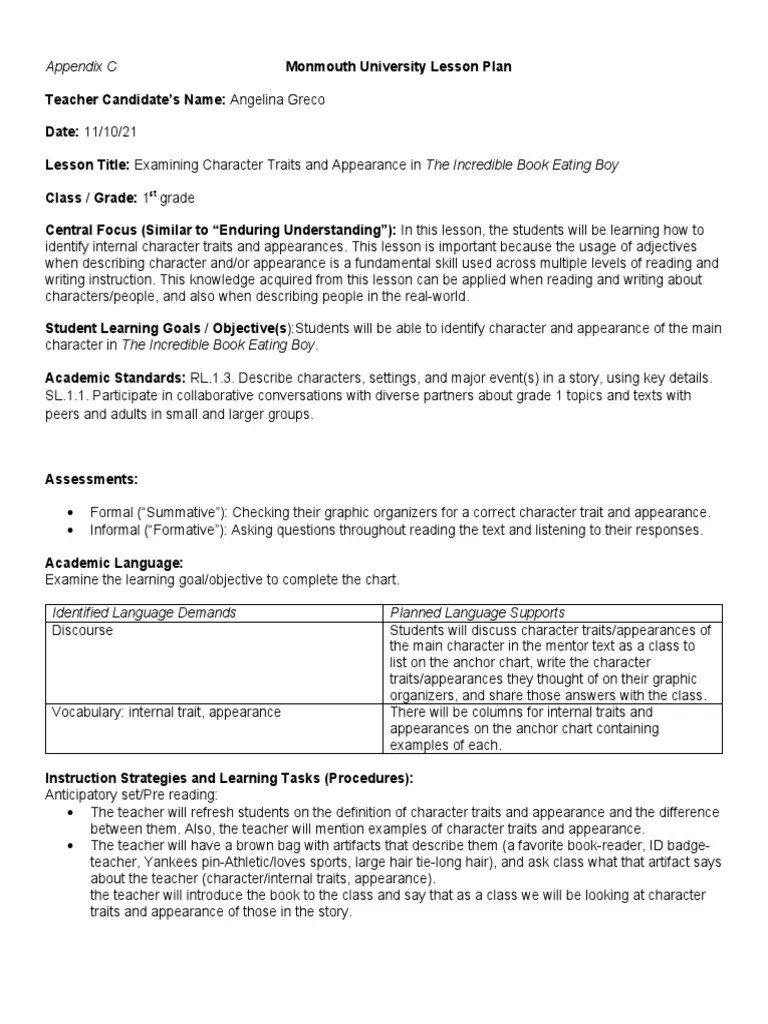 Appendix C Monmouth University Lesson Plan PDF Mentorship Vocabulary