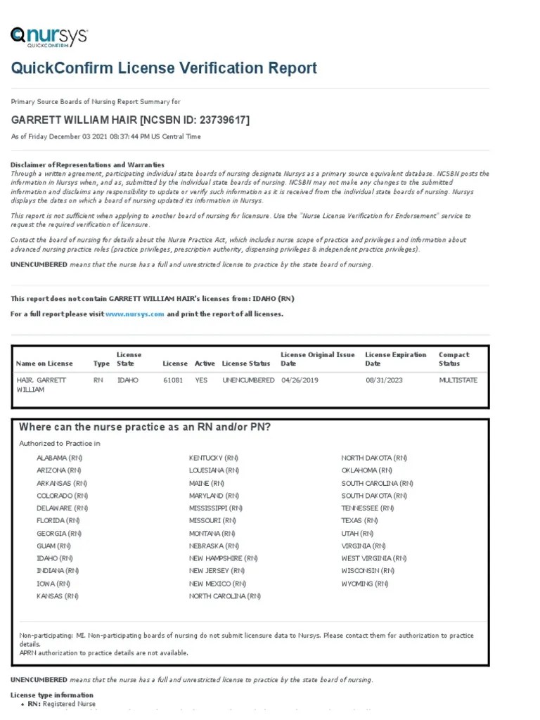 NursysQuickconfirmLicenseVerificationReport 2021 12 03 PDF