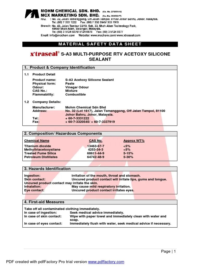 MSDS SA3 Multipurpose RTV Acetoxy Silicone Sealant PDF