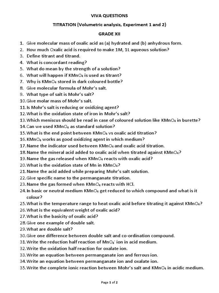 Viva Questions TITRATION (Volumetric Analysis, Experiment 1 and 2