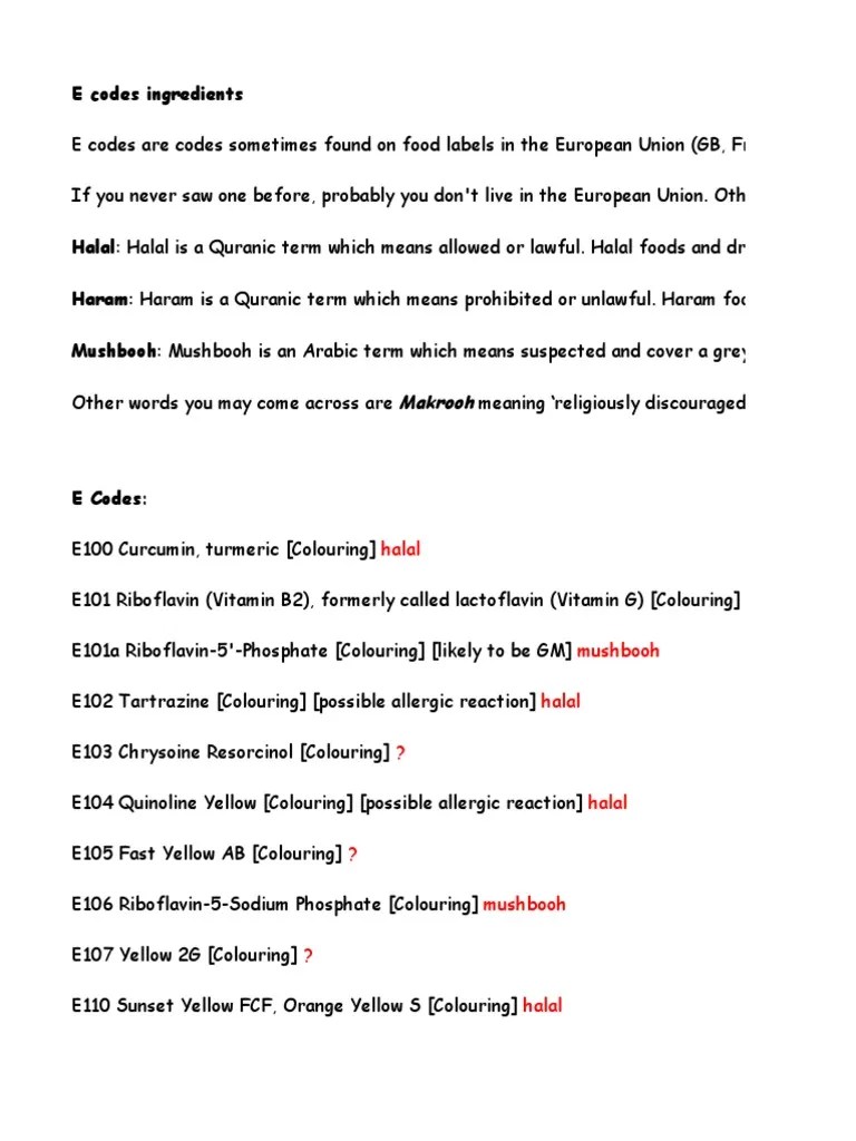 ECodes Halal Haram Food Industry Food Ingredients