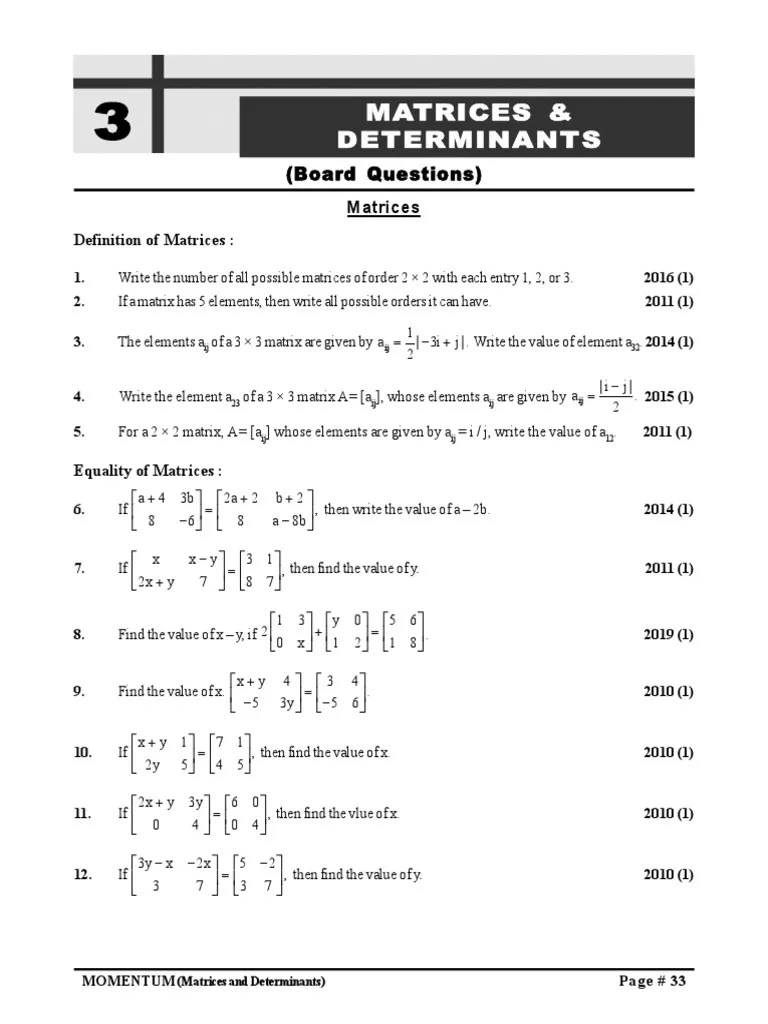 Matrices & Determinants (Board Questions) PDF Matrix (Mathematics
